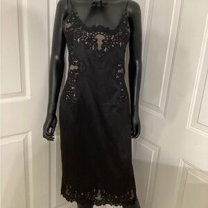Black satin lace trim dress, spaghetti strap dress